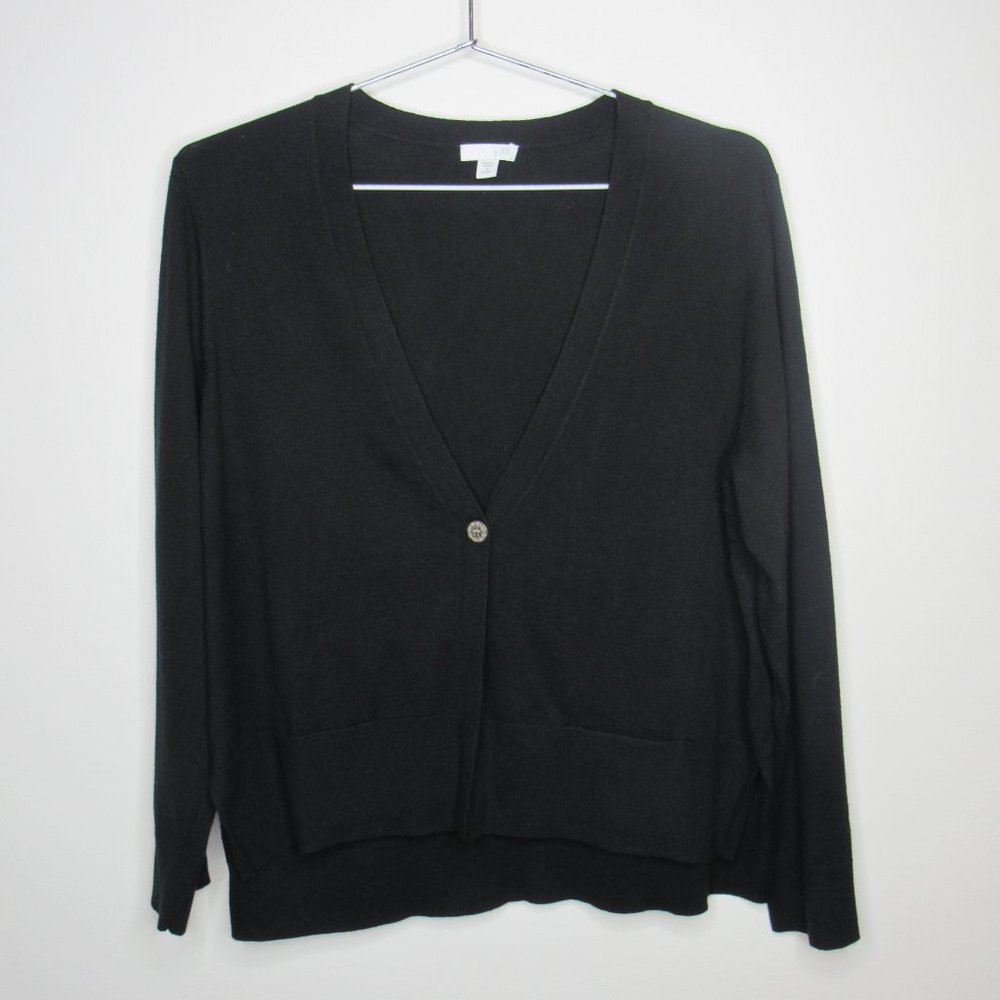 J Jill M Medium Petite Cardigan Sweater Silk Blend Black One Button Lightweight